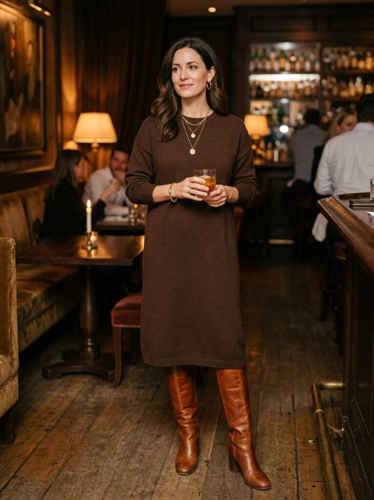 Chocolate Brown Outfits 2026: Fall's Richest Color Trend 4 Woman wearing knit dress boots 202607210350