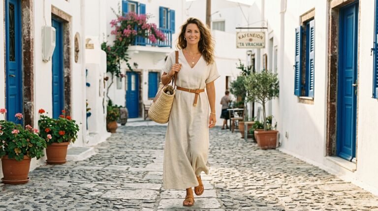 Linen dress outfit ideas 2026 — woman in ecru linen maxi dress with belt and straw tote