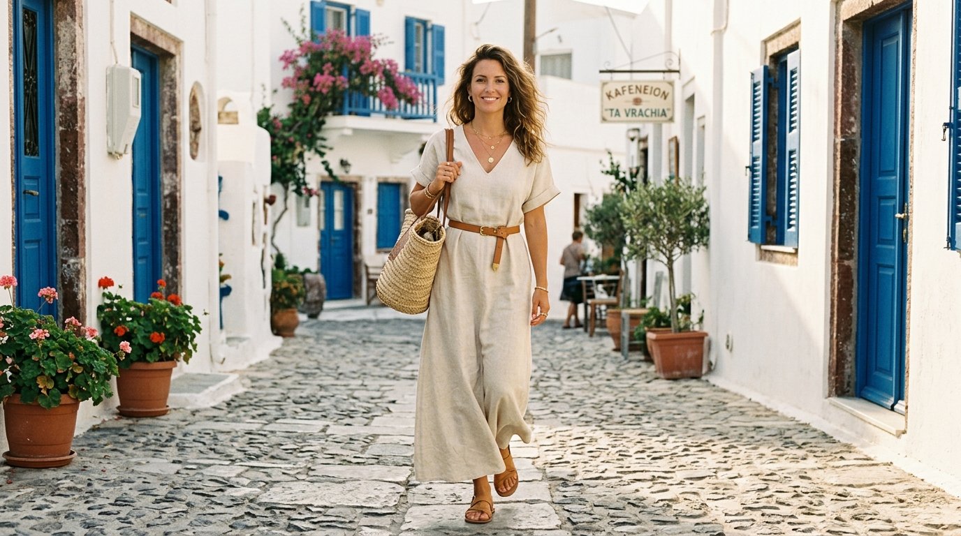 Linen dress outfit ideas 2026 — woman in ecru linen maxi dress with belt and straw tote
