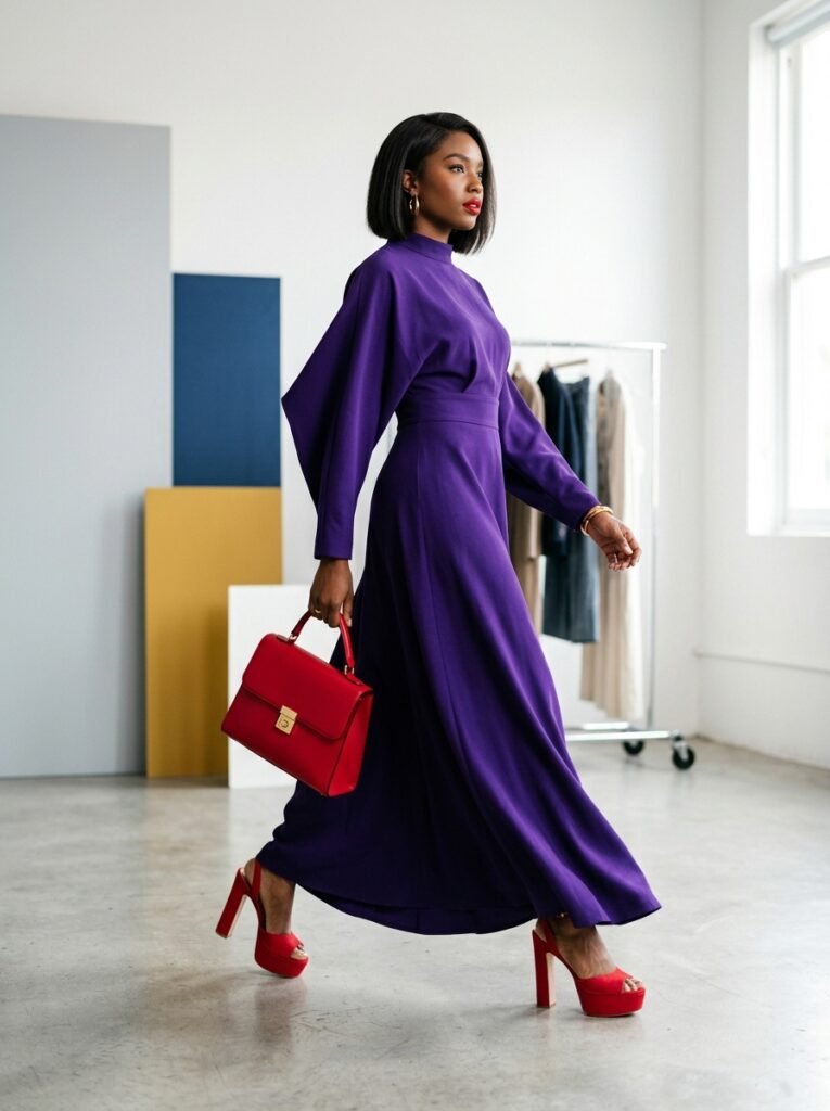 Woman wearing purple dress red 202607062327
