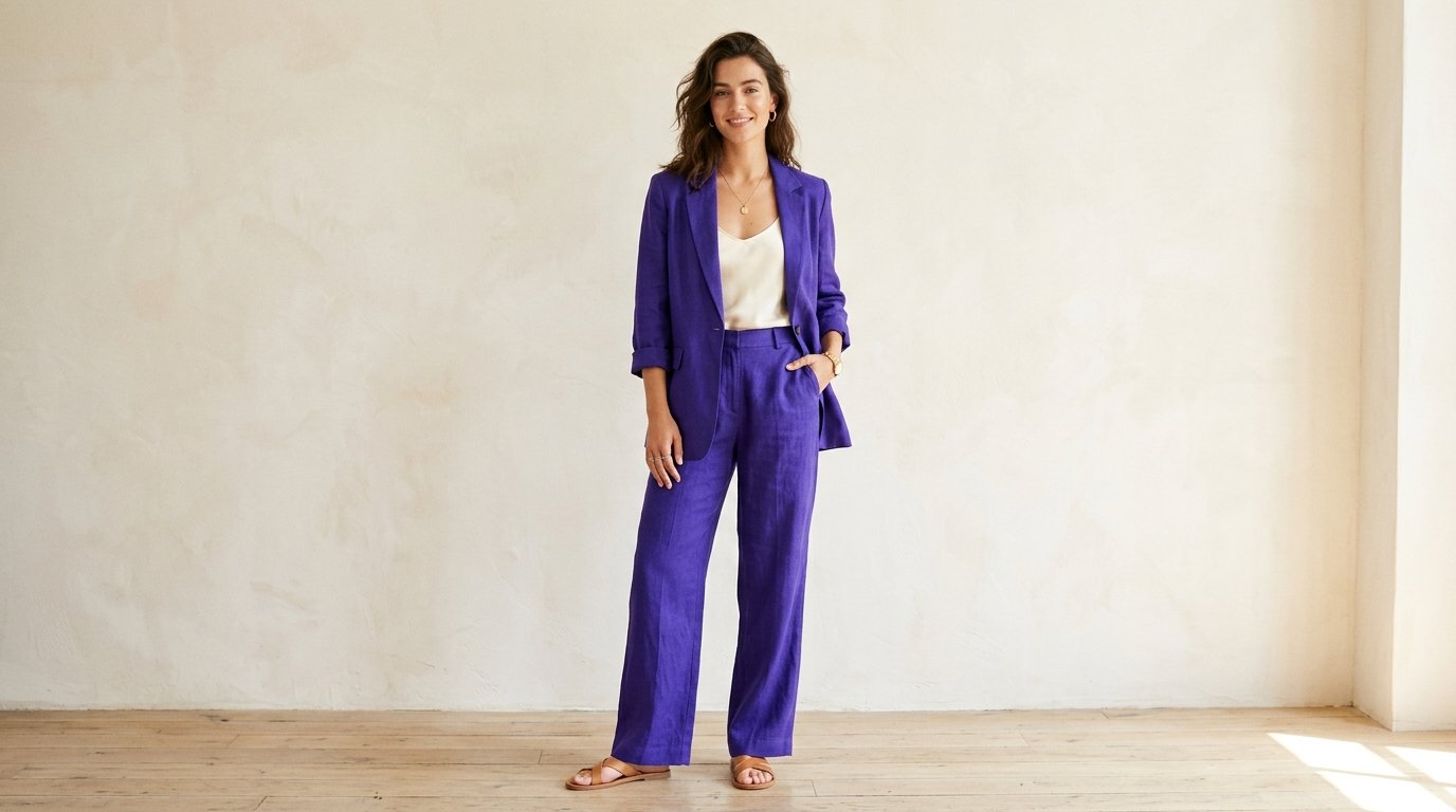 purple outfit ideas 2026 - woman in royal purple linen co-ord set