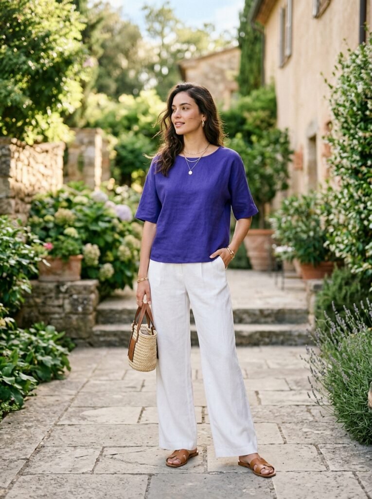 Woman wearing purple top trousers 202607062327 1