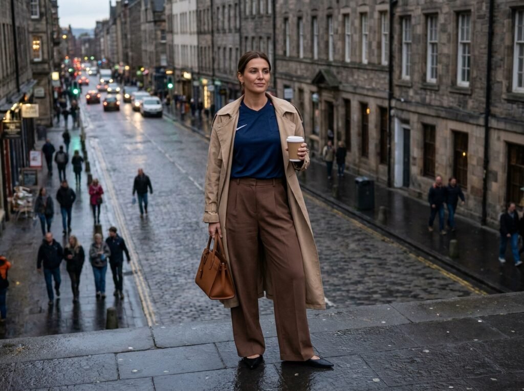 Woman wearing trench coat handbag 202607021407