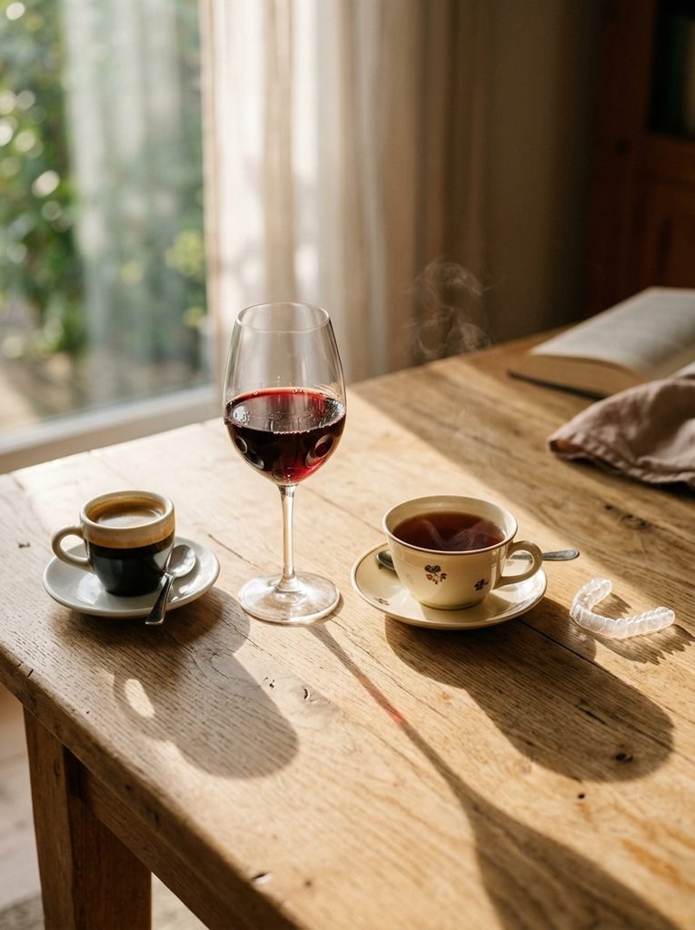 TEETH WHITENING PROFESSIONAL vs AT-HOME COST COMPARED 3 Coffee wine and tea arranged 202608300556