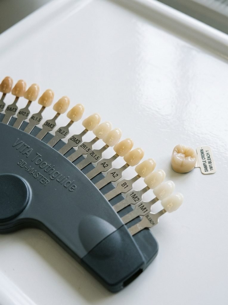 TEETH WHITENING PROFESSIONAL vs AT-HOME COST COMPARED 4 Dental shade guide tabs arranged 202608300556
