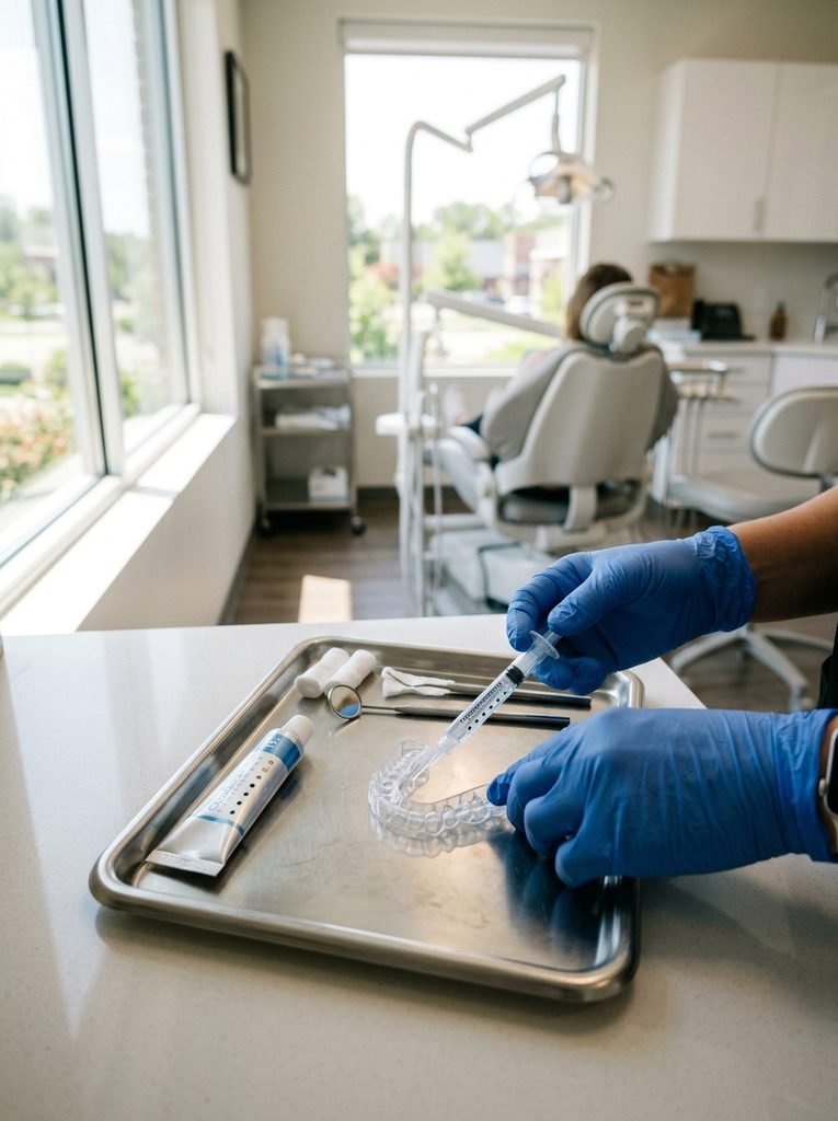 TEETH WHITENING PROFESSIONAL vs AT-HOME COST COMPARED 2 Hands loading whitening tray 202608300556