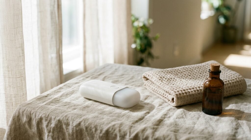at home IPL devices arranged on linen with a towel and skincare bottle