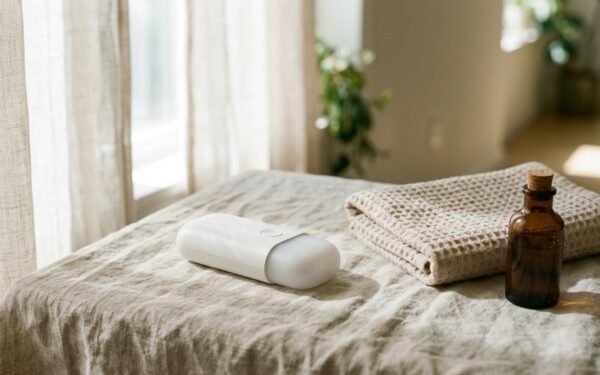 at home IPL devices arranged on linen with a towel and skincare bottle