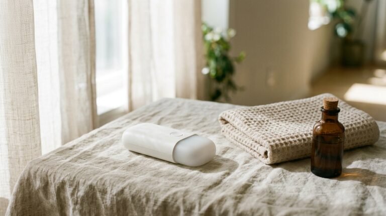 at home IPL devices arranged on linen with a towel and skincare bottle