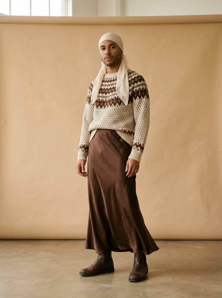 Fair Isle Sweater 2026: The Modest Styling Guide 4 Man in brown outfit skirt 202608010745