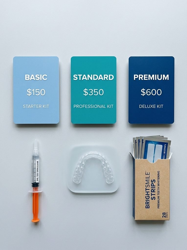TEETH WHITENING PROFESSIONAL vs AT-HOME COST COMPARED 5 Price tier cards with objects 202608300556