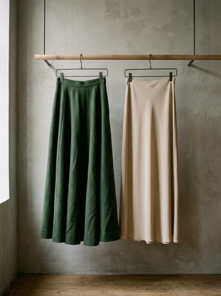 Two skirts hanging on rail 202608150641