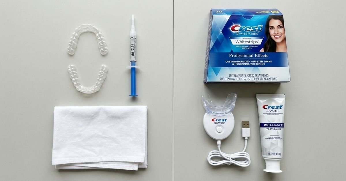 Dentist whitening tray beside retail kits illustrating teeth whitening cost differences