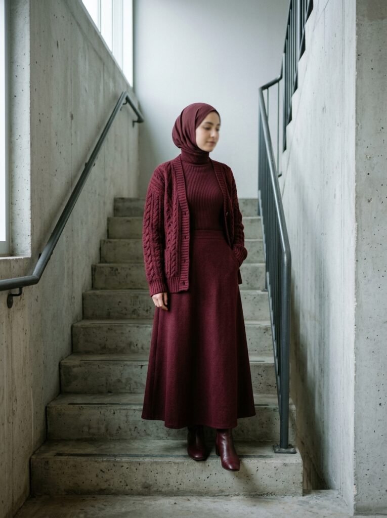 Woman in burgundy outfit standing 202608040702
