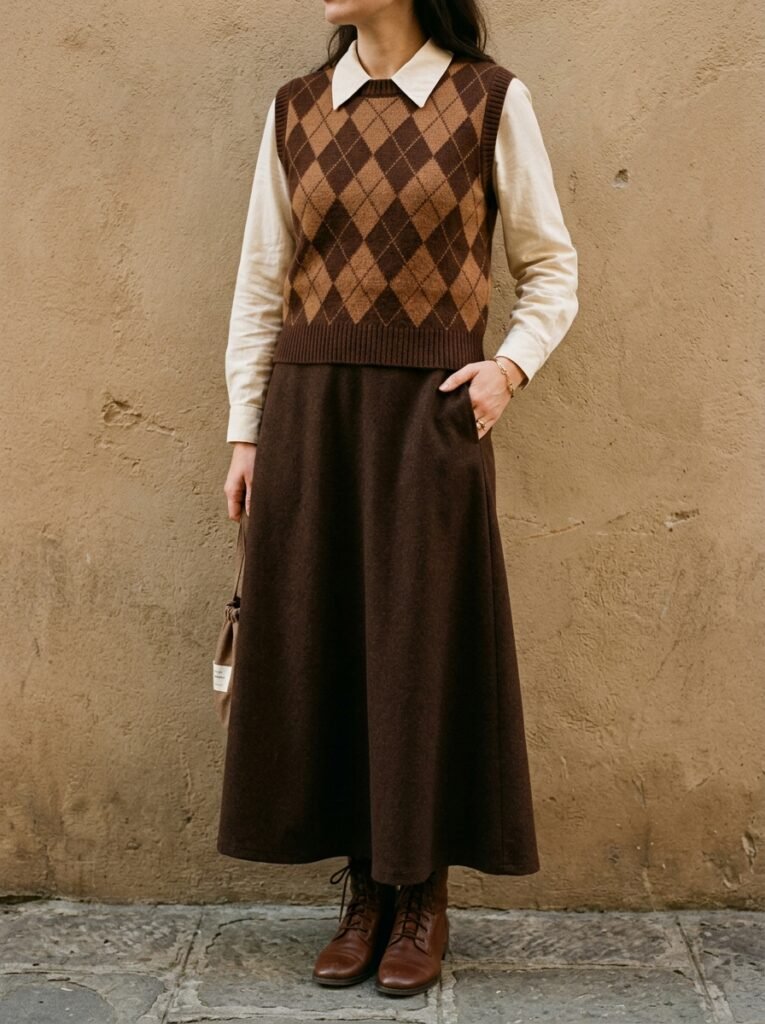 Woman in knit vest brown 202608040702