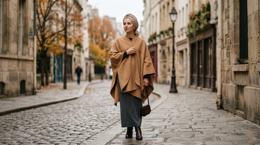 Camel wool cape styled with a long skirt for fall 2026 coat trends