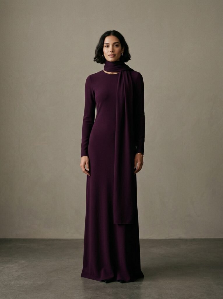 Woman standing in aubergine dress 202608160258