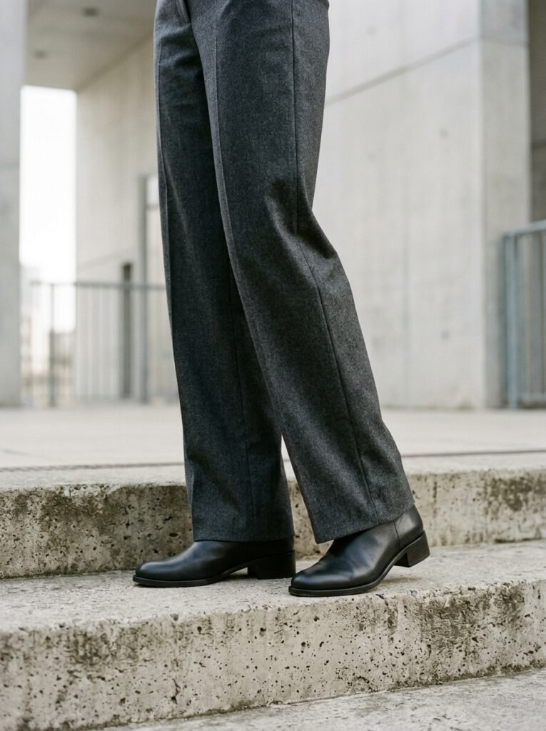 Fall 2026 Boot Trends: The Modest Styling Guide 3 Woman standing in charcoal trousers 202608131024