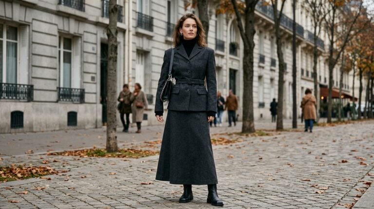 Fall 2026 skirt trends styled modestly with a lengthened skirt suit