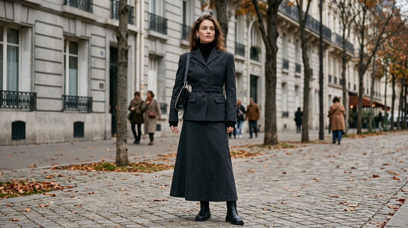 Fall 2026 skirt trends styled modestly with a lengthened skirt suit