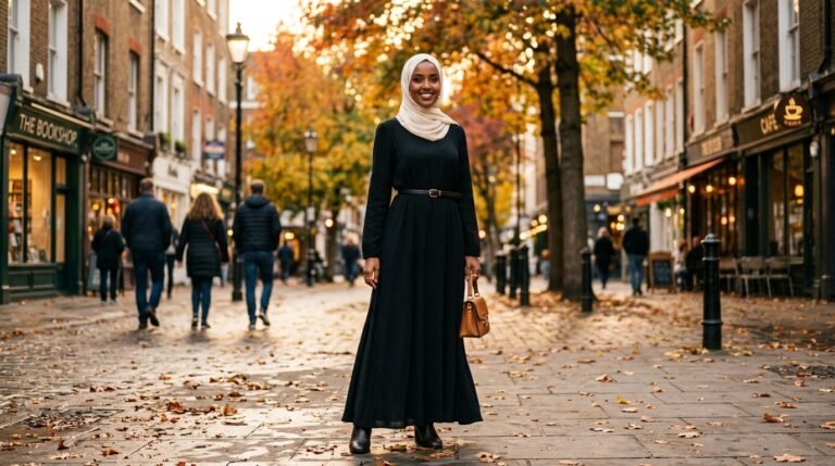Modest dress trends fall 2026 — black long-sleeve maxi dress belted over the waist with hijab