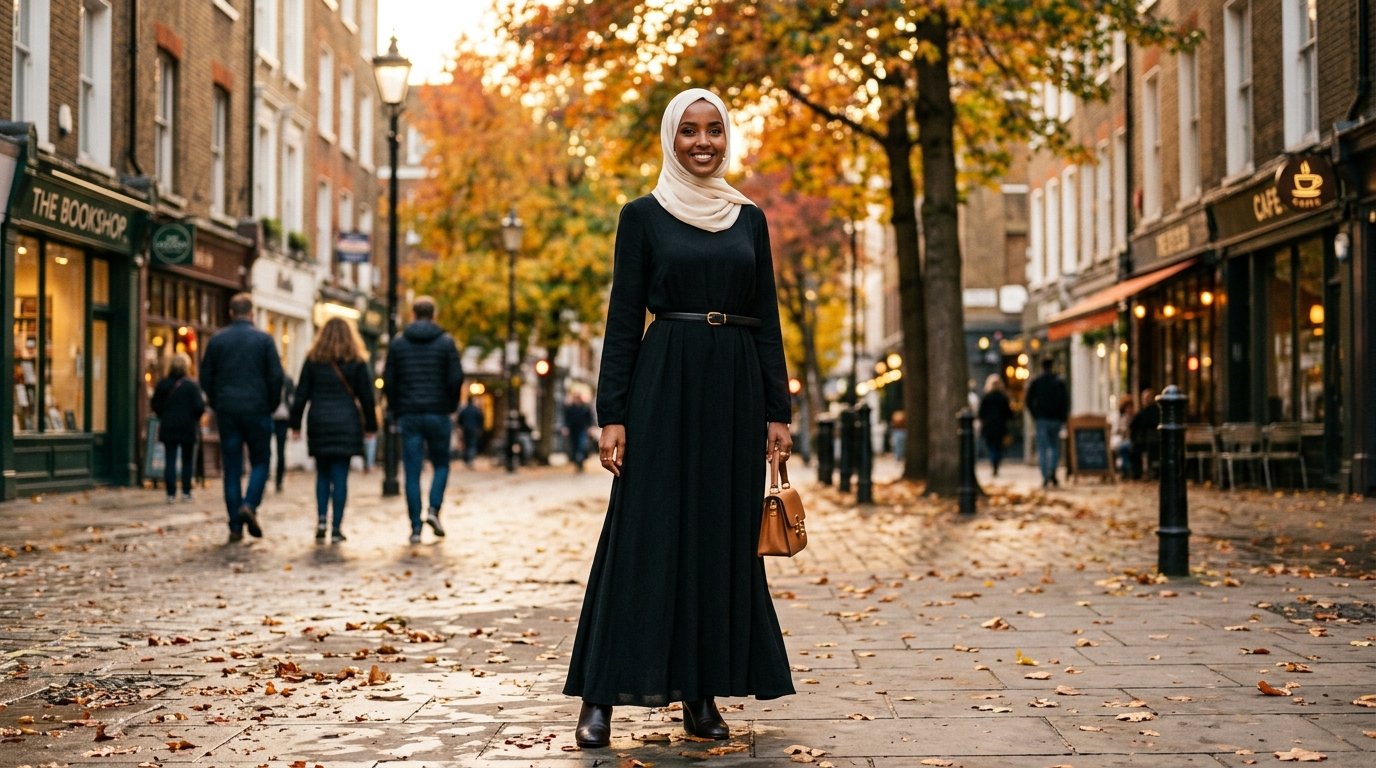 Modest dress trends fall 2026 — black long-sleeve maxi dress belted over the waist with hijab