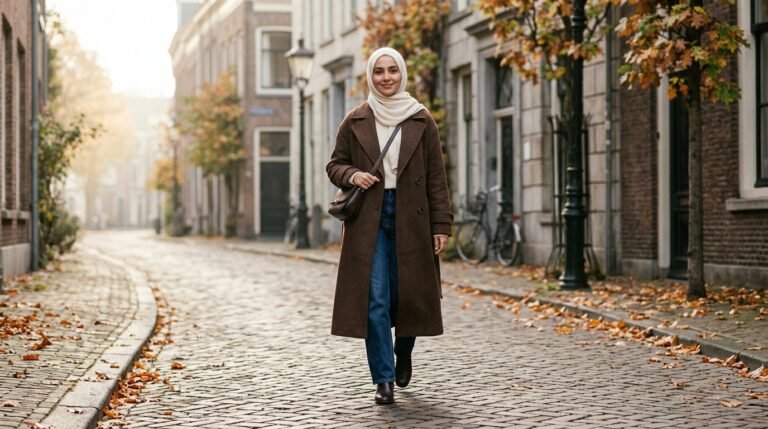 Fall 2026 denim trends styled modestly with dark indigo straight jeans and a long coat