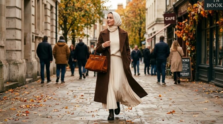 Structured suede bag styled with a long coat for fall 2026 bag trends