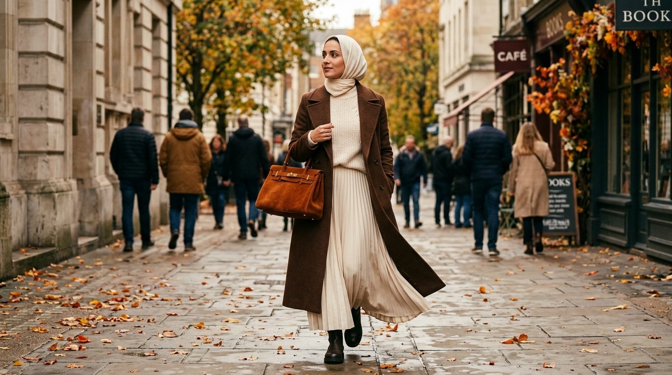 Structured suede bag styled with a long coat for fall 2026 bag trends