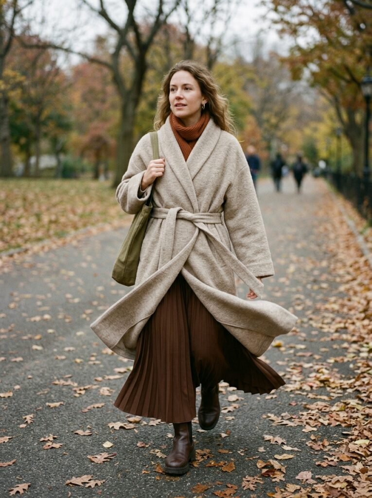 Woman walking on leaf path 202608050643