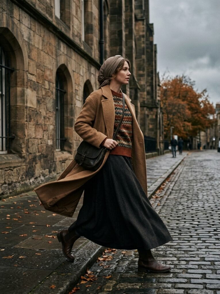 Fair Isle Sweater 2026: The Modest Styling Guide 3 Woman walking past stone building 202608010745