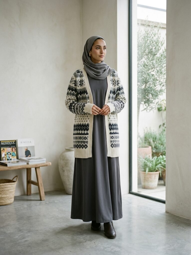 Fair Isle Sweater 2026: The Modest Styling Guide 5 Woman wearing cardigan and abaya 202608010745