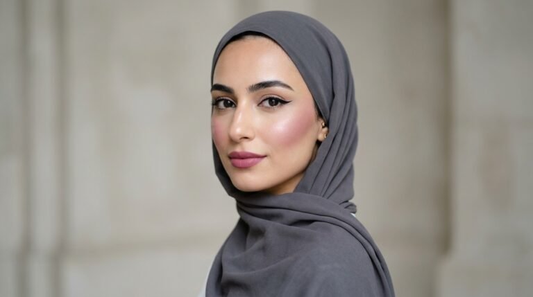 Fall 2026 makeup trends styled with hijab — graphic liner and cool berry blush