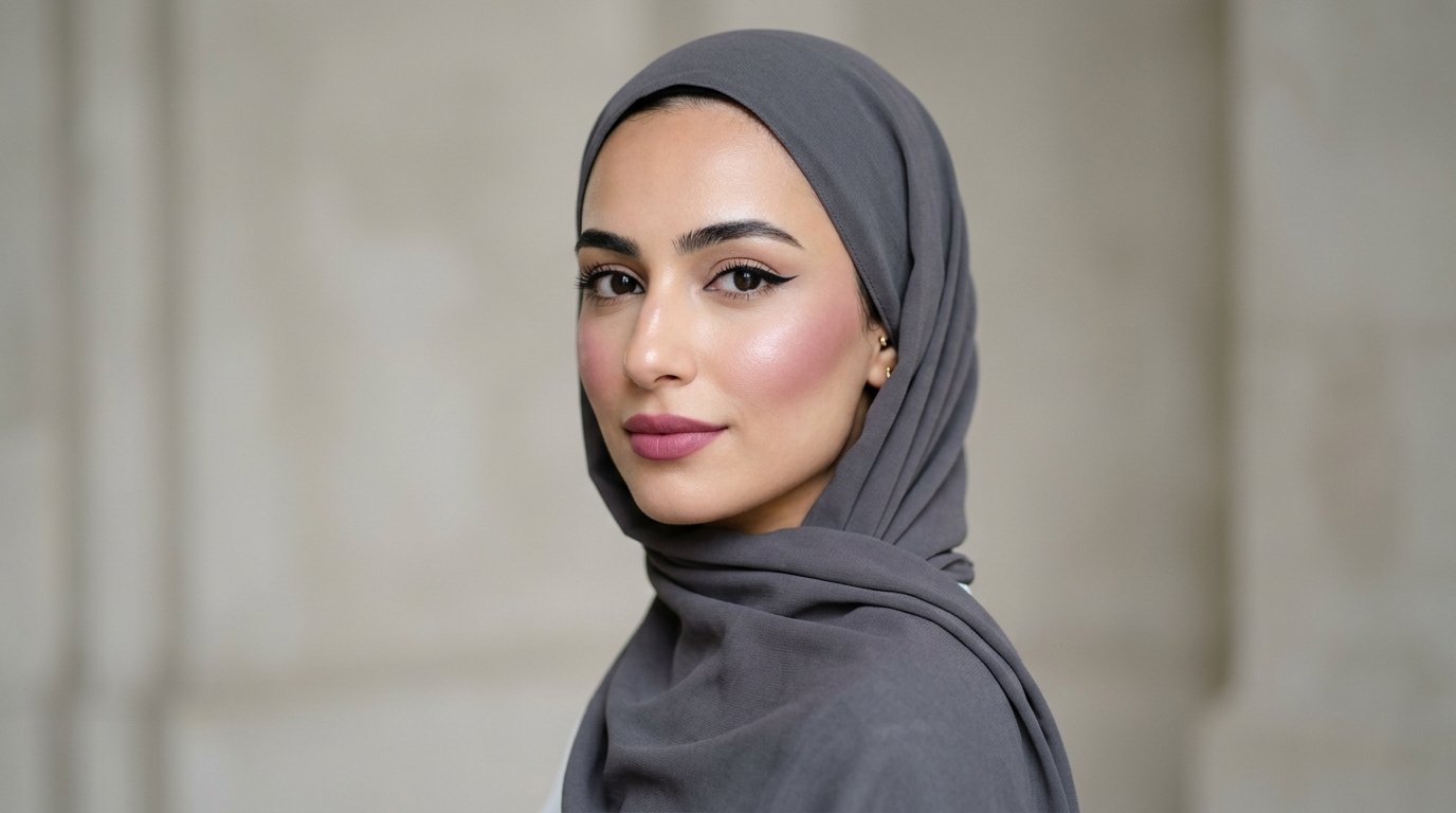 Fall 2026 makeup trends styled with hijab — graphic liner and cool berry blush