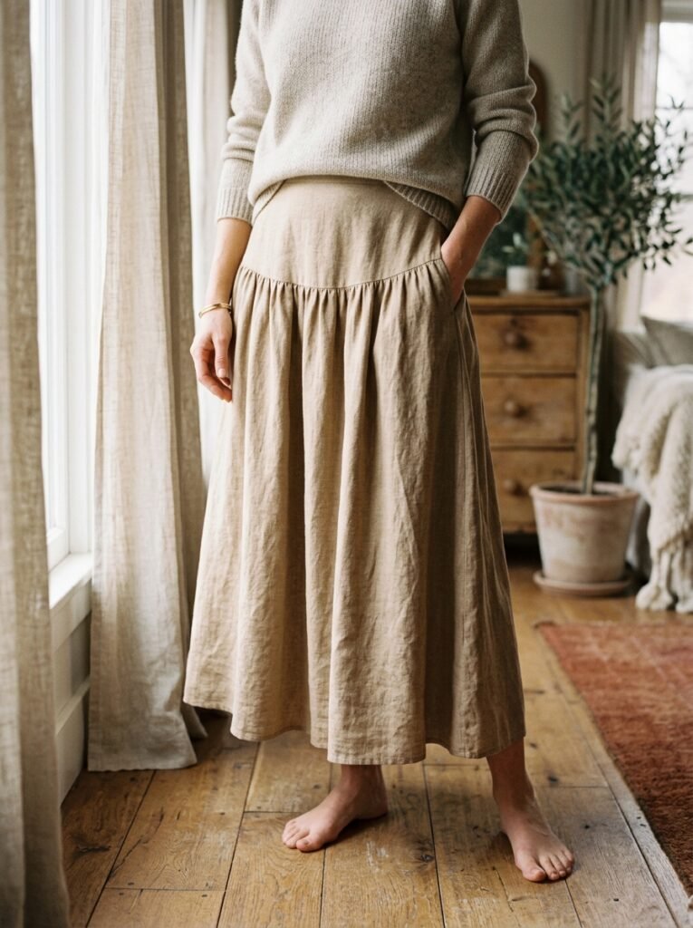 Woman wearing dropped waist skirt 202608150641