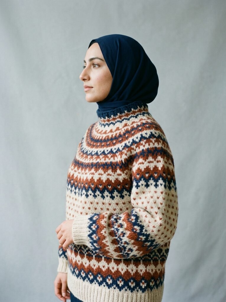 Woman wearing geometric sweater … 202608040702