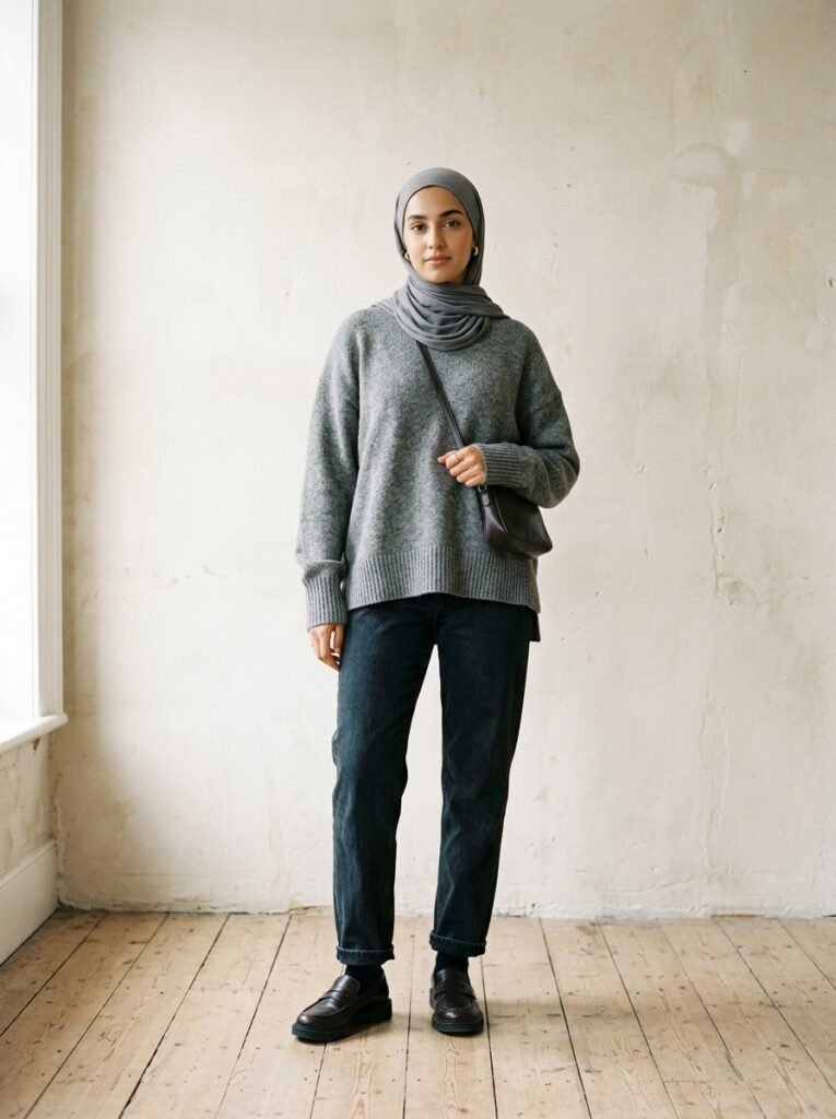 Fall 2026 Denim Trends: The Modest Styling Guide 3 Woman wearing oversized grey knit 202608111303