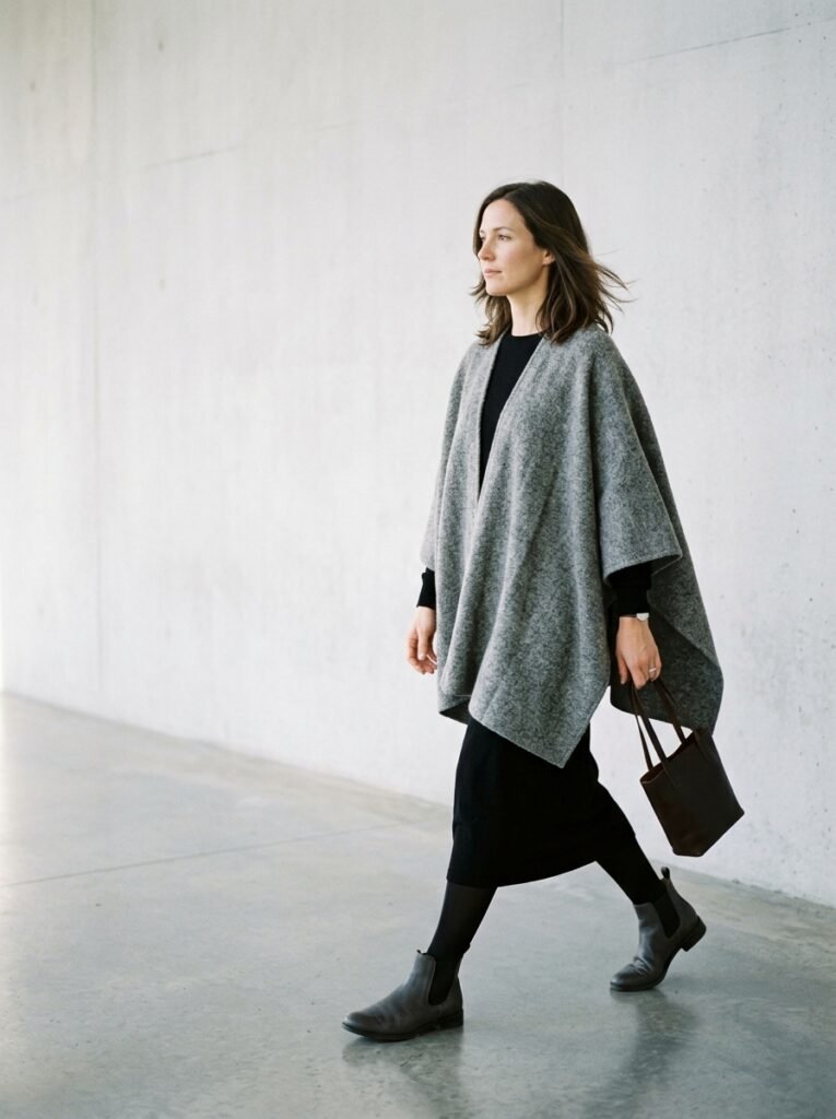 Woman wearing poncho walking 202608020336
