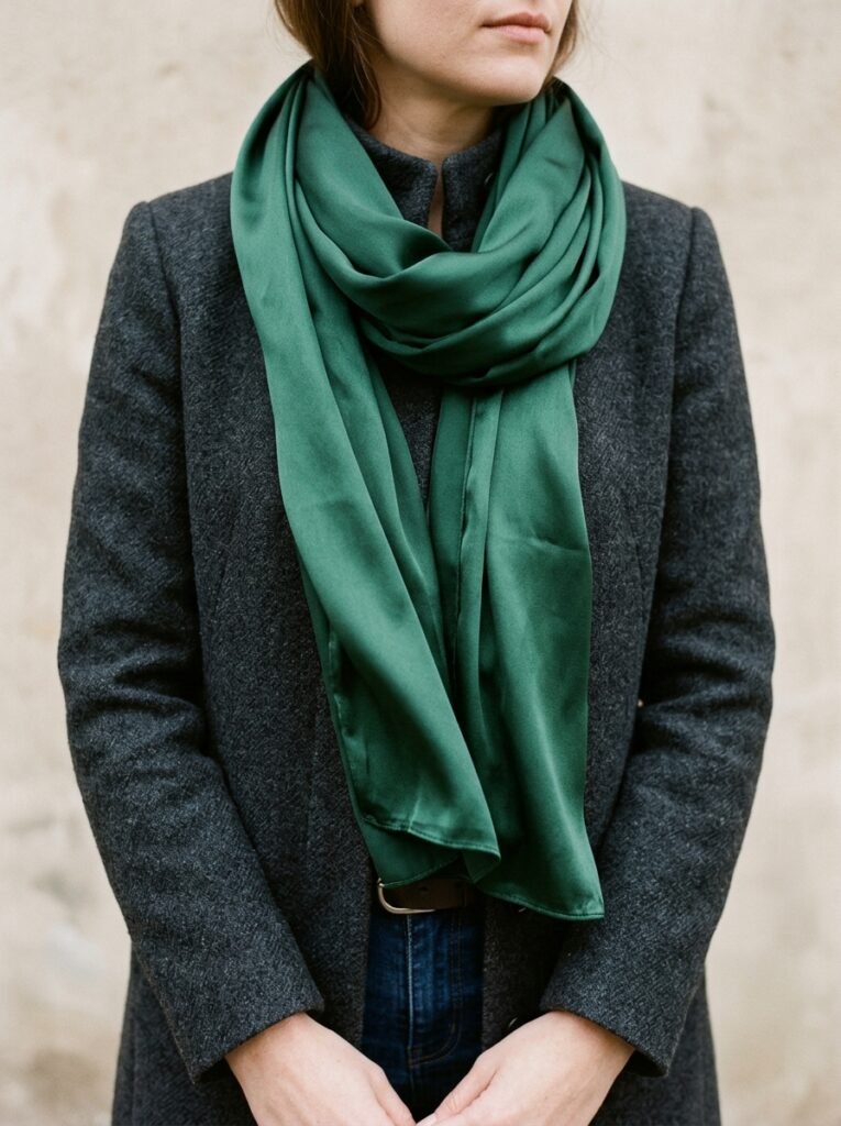 Woman wearing satin scarf 202608050643