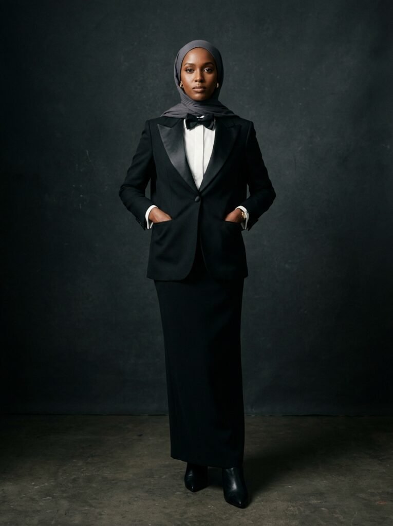 Woman wearing tuxedo jacket 202608092152