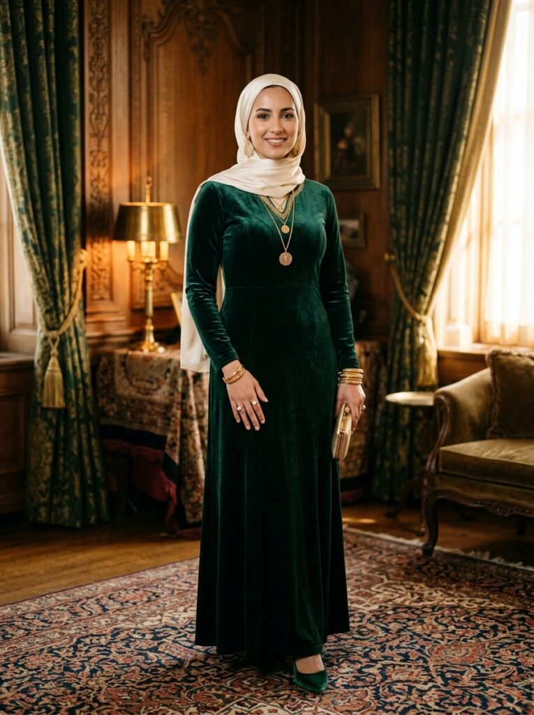 Woman wearing velvet maxi dress 202608092153
