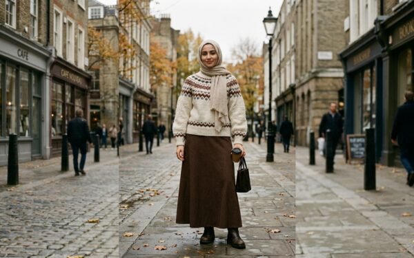 Fall 2026 sweater trends styled modestly with a Fair Isle knit and maxi skirt