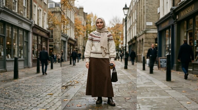 Fall 2026 sweater trends styled modestly with a Fair Isle knit and maxi skirt