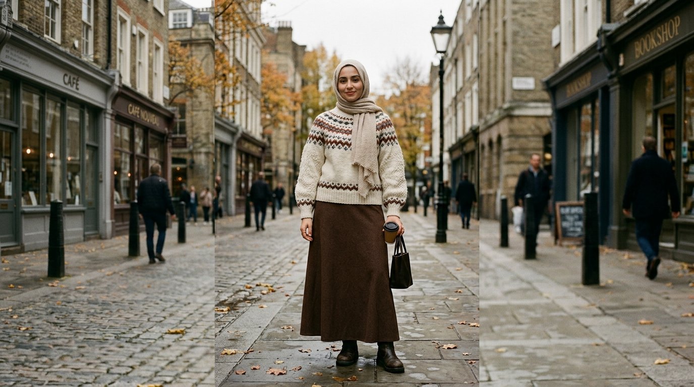 Fall 2026 sweater trends styled modestly with a Fair Isle knit and maxi skirt