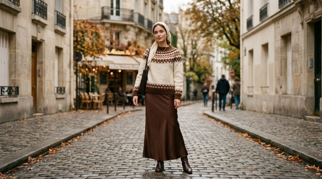 Fair Isle sweater 2026 styled modestly with a chocolate satin maxi skirt and cream hijab