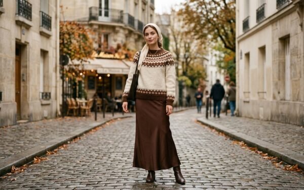 Fair Isle sweater 2026 styled modestly with a chocolate satin maxi skirt and cream hijab