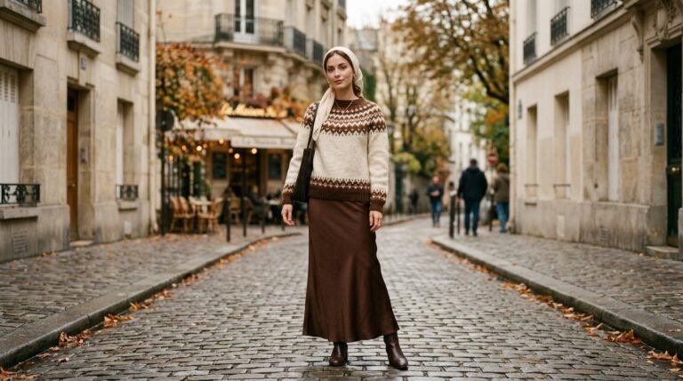 Fair Isle sweater 2026 styled modestly with a chocolate satin maxi skirt and cream hijab