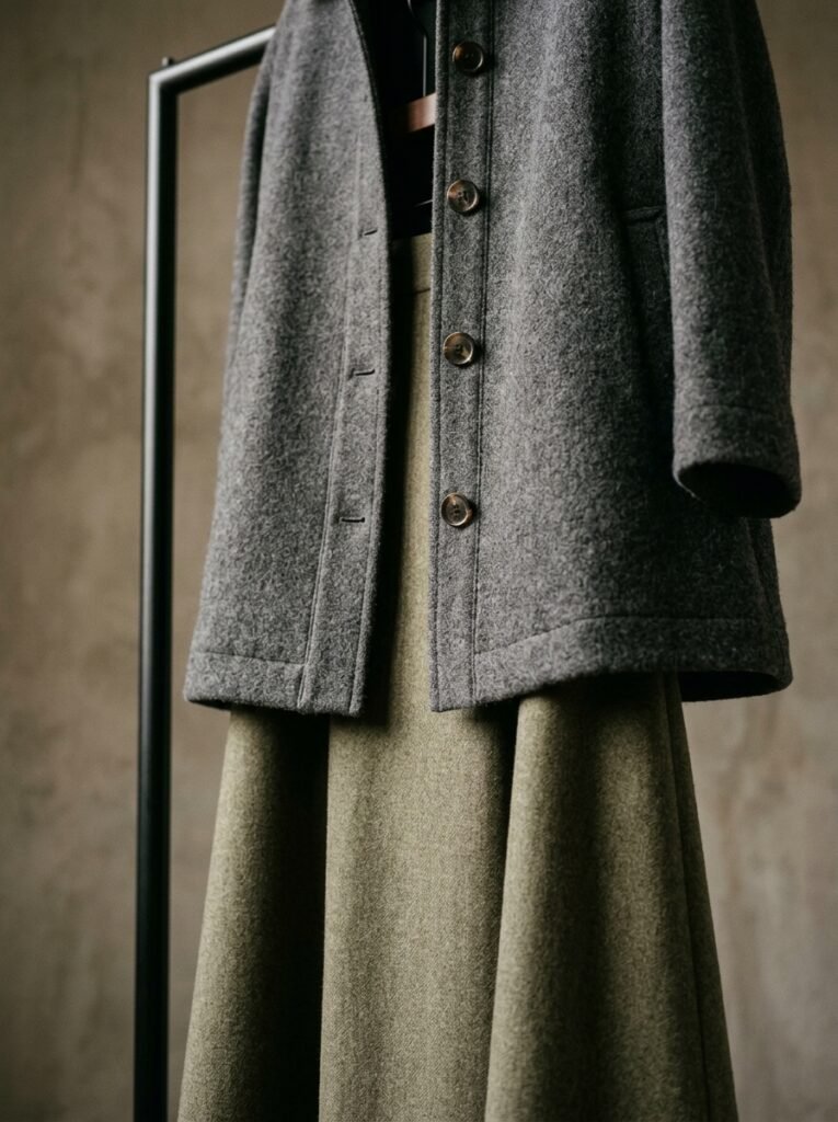 Wool jacket over long skirt 202608150641
