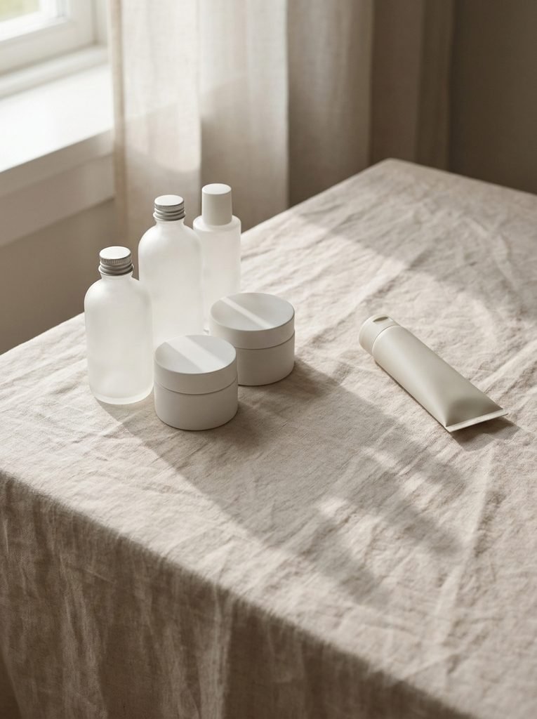 Skincare containers on linen sur… 202609040949