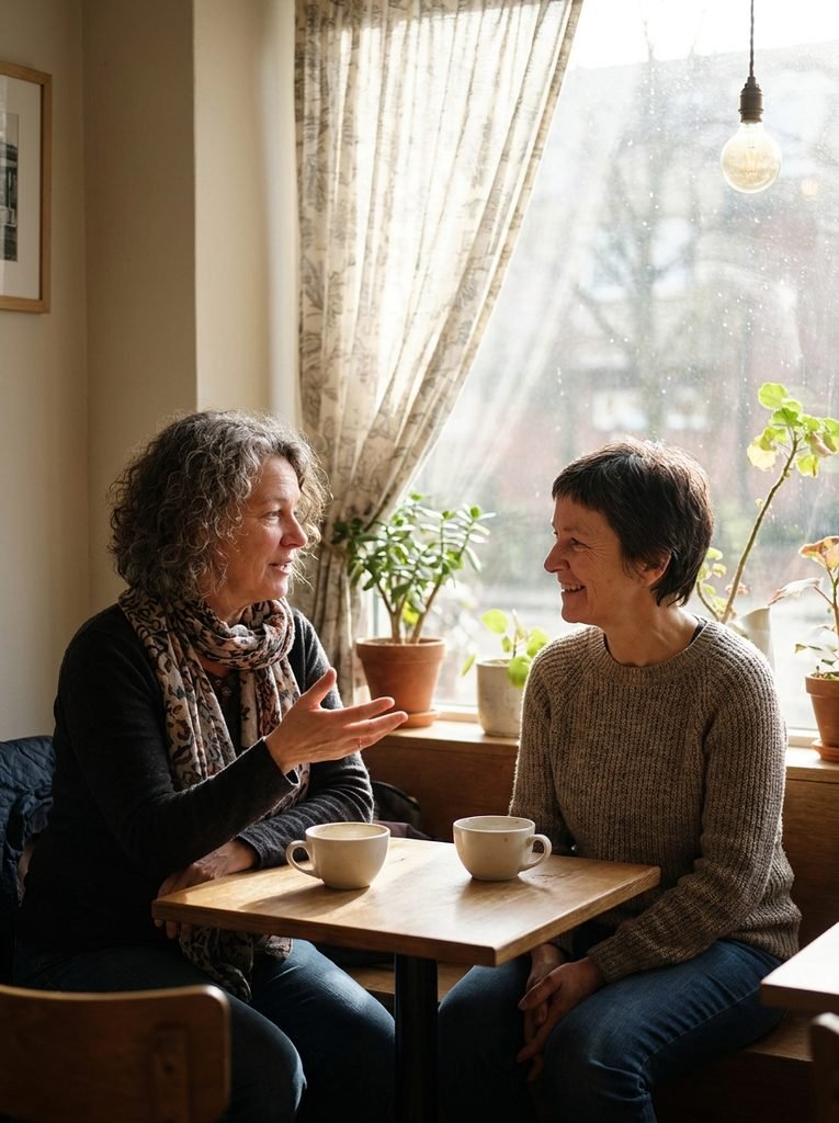 Two women talking at cafe 202609040949
